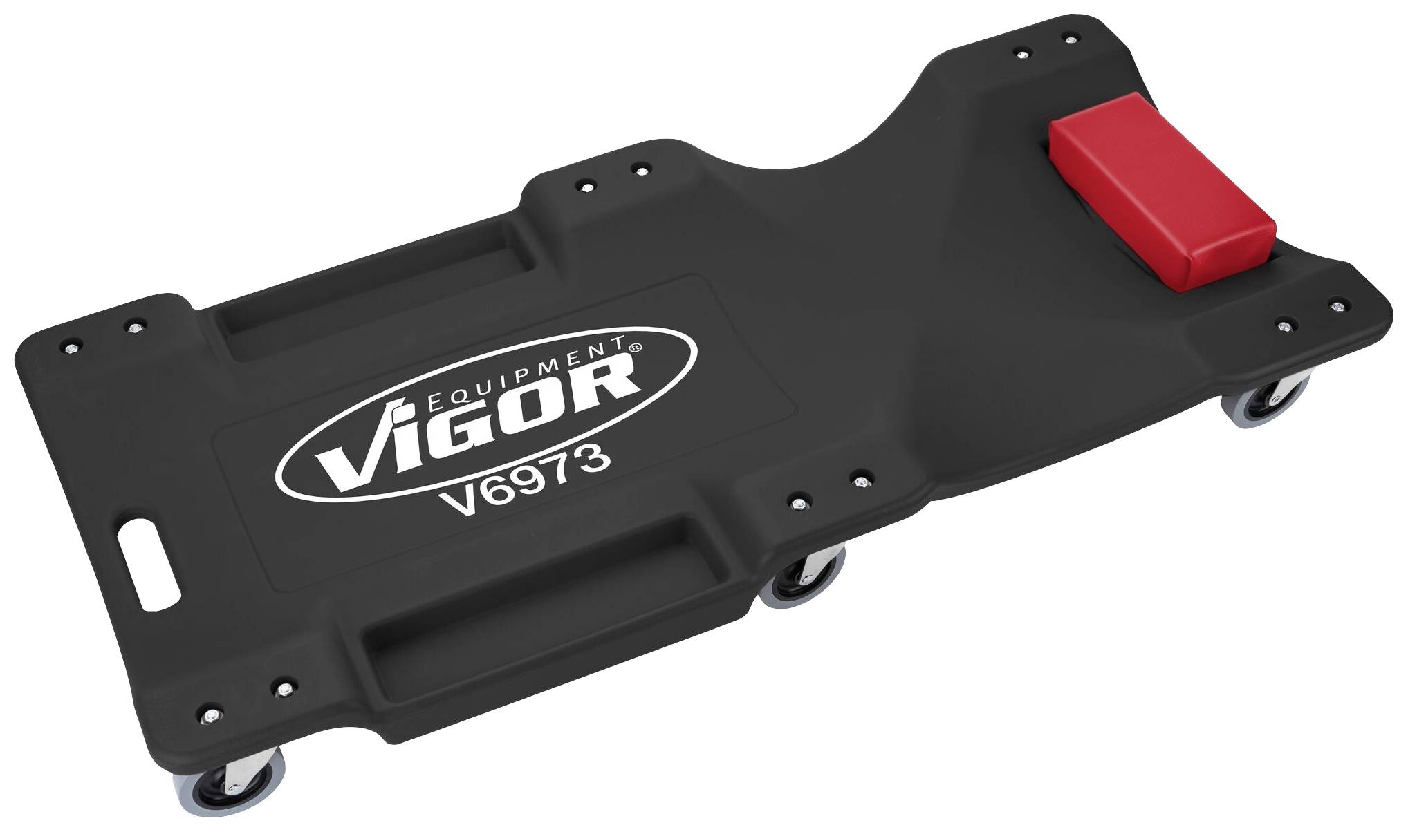 Lettino da officina nero Vigor con poggiatesta rosso e ruote, numero modello V6973. Idoneo per riparazioni sotto i veicoli.