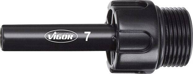 Ugello nero in plastica Vigor con filettatura, con iscrizione 'Vigor Equipment 7'. Adatto per connessioni di utensili o macchine.