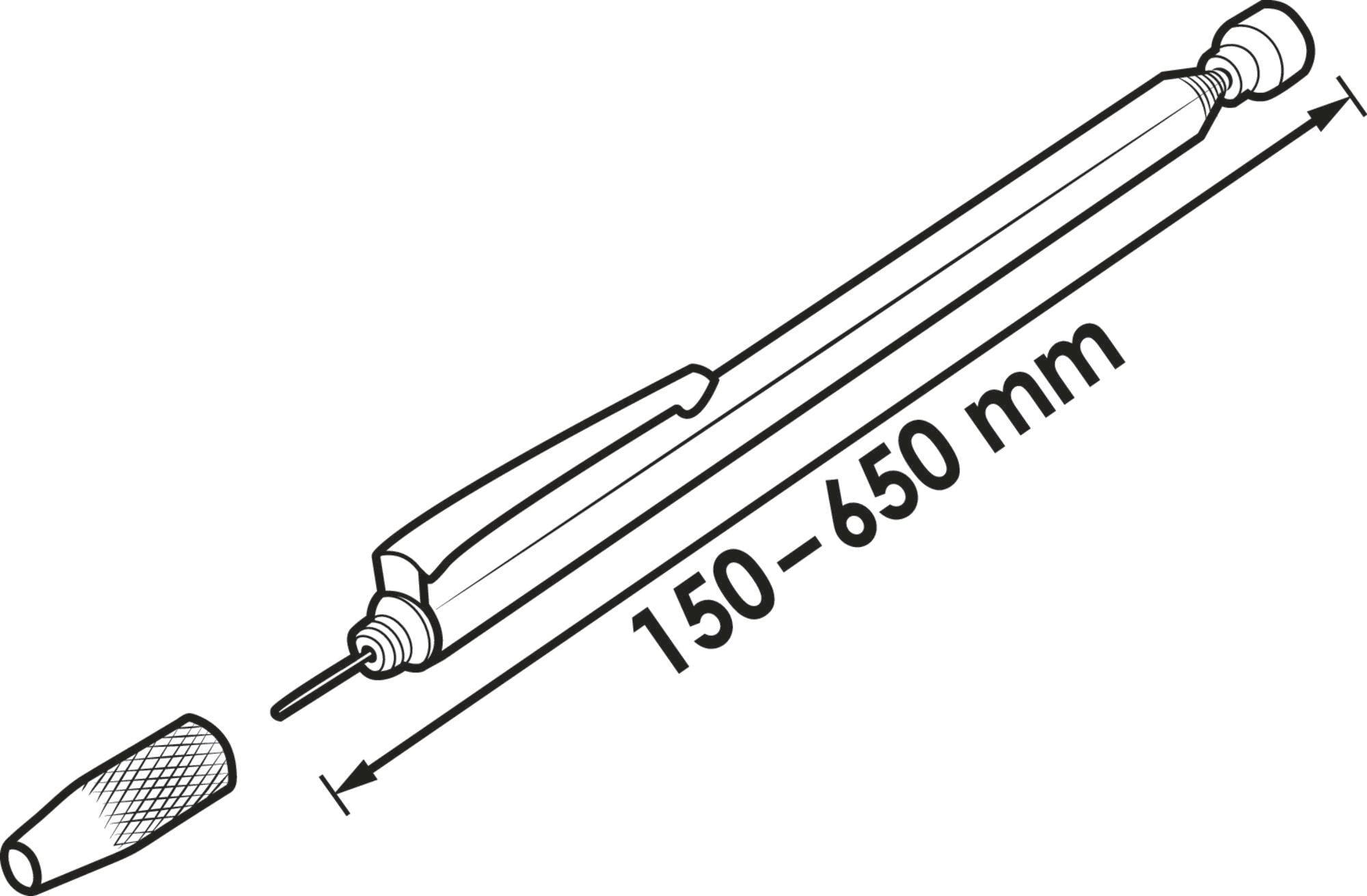 Disegno di un utensile regolabile con l'indicazione '150–650 mm' per la lunghezza. A sinistra è presente un cappuccio rimovibile.