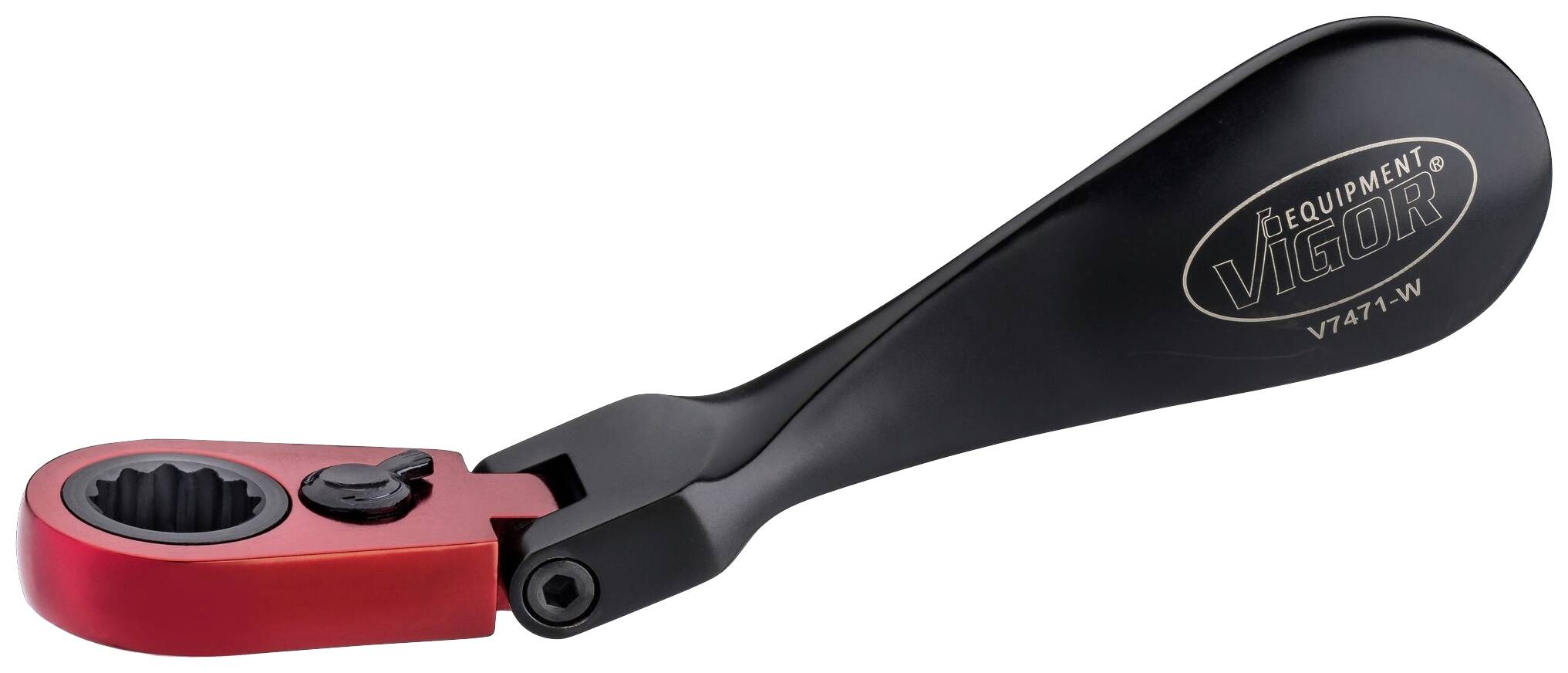 Una chiave a cricchetto nero e rosso con impugnatura ergonomica e logo 'Vigor Equipment', adatta per connessioni a vite.