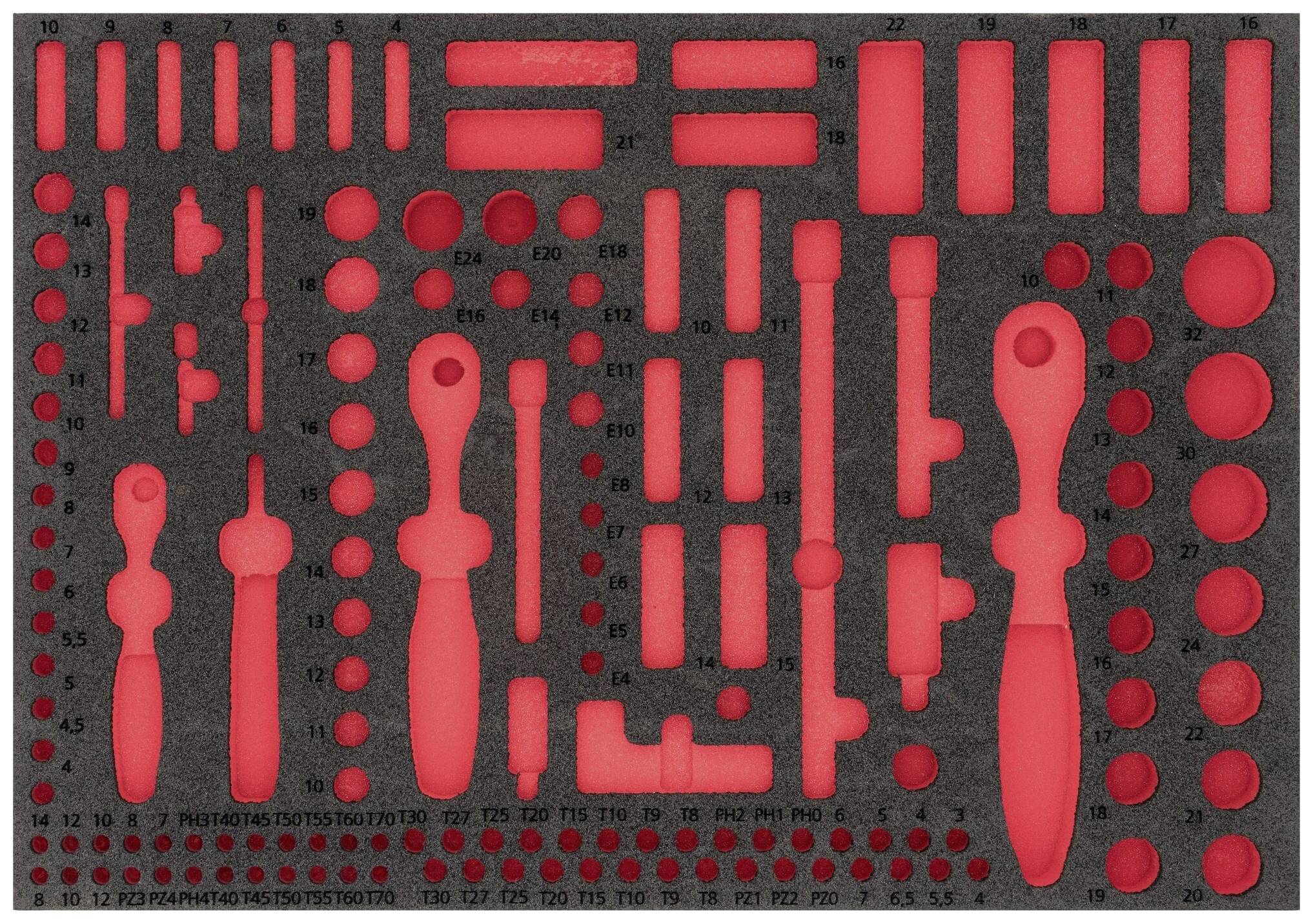 Inserto in schiuma con ricavi per diversi utensili da avvitamento, evidenziato in rosso, mostra le indicazioni delle dimensioni per una facile organizzazione.