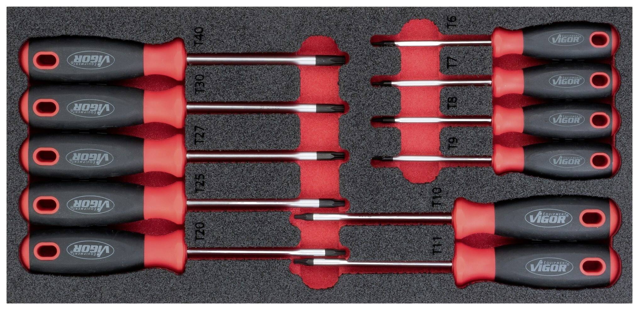 Set di cacciaviti con impugnature rosse su supporto in schiuma, di diverse dimensioni e tipologie, adatti per vari tipi di viti.