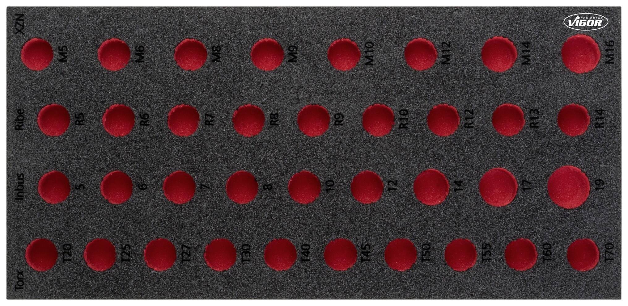 Pannello in schiuma nero con ventagli rossi, contrassegnato con dimensioni di viti da M3 a M16 in file, con il marchio 'Vigor' in alto a destra.