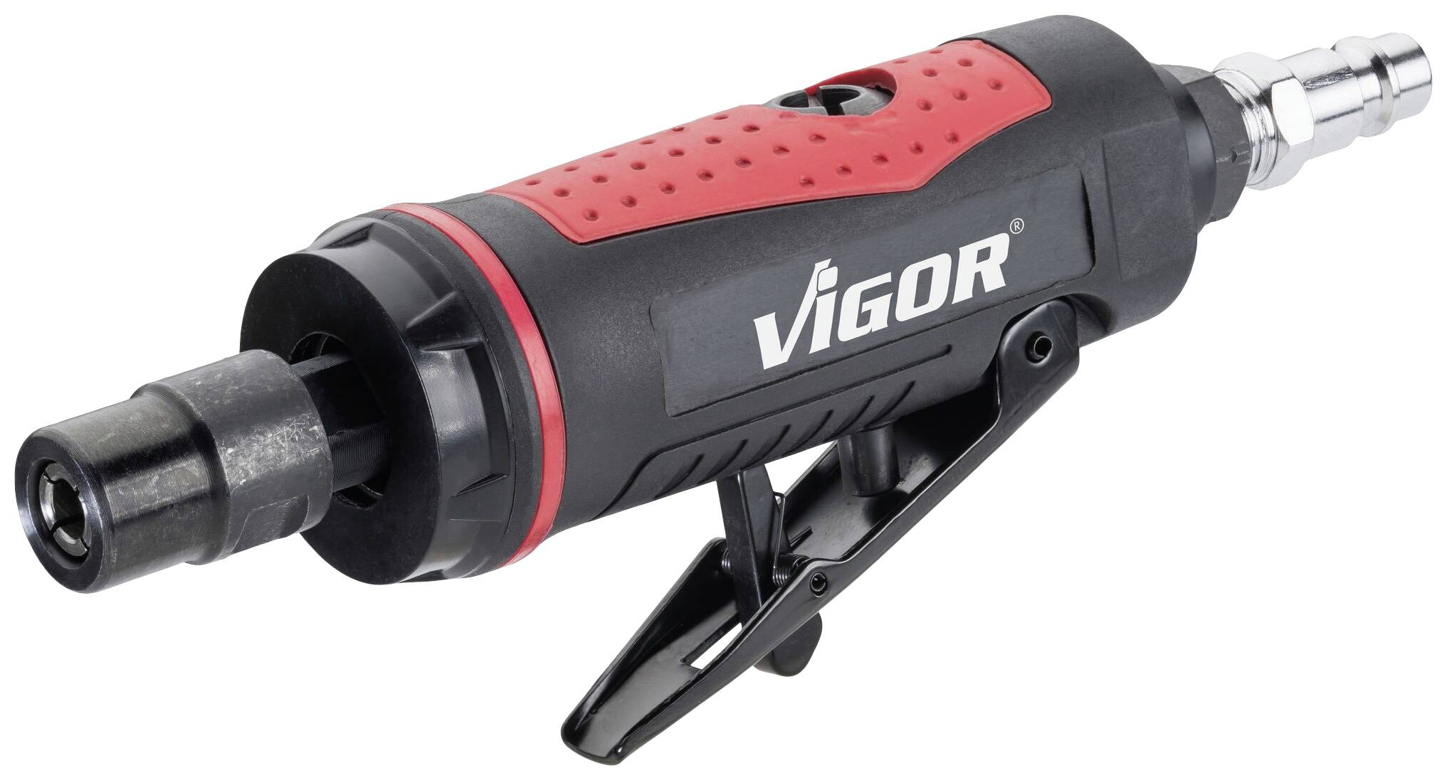 Smerigliatrice pneumatica con custodia rossa e nera. Nome del marchio 'VIGOR' sul lato. Strumento per la levigatura o la lucidatura di materiali.