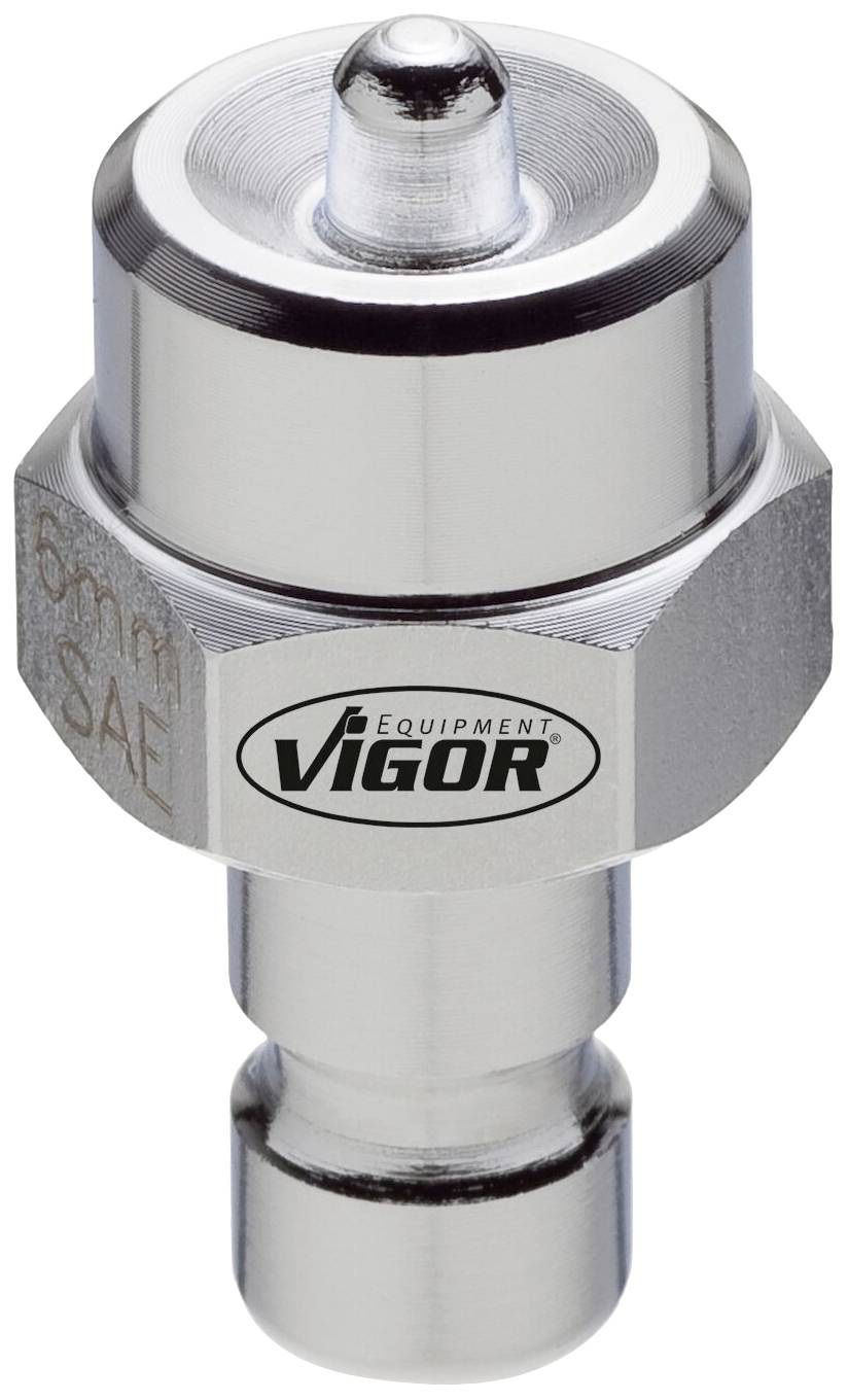 Componente di fissaggio in metallo cromato con scritta: 'VIGOR Equipment'. Dado esagonale e albero cilindrico per utensile o macchina.