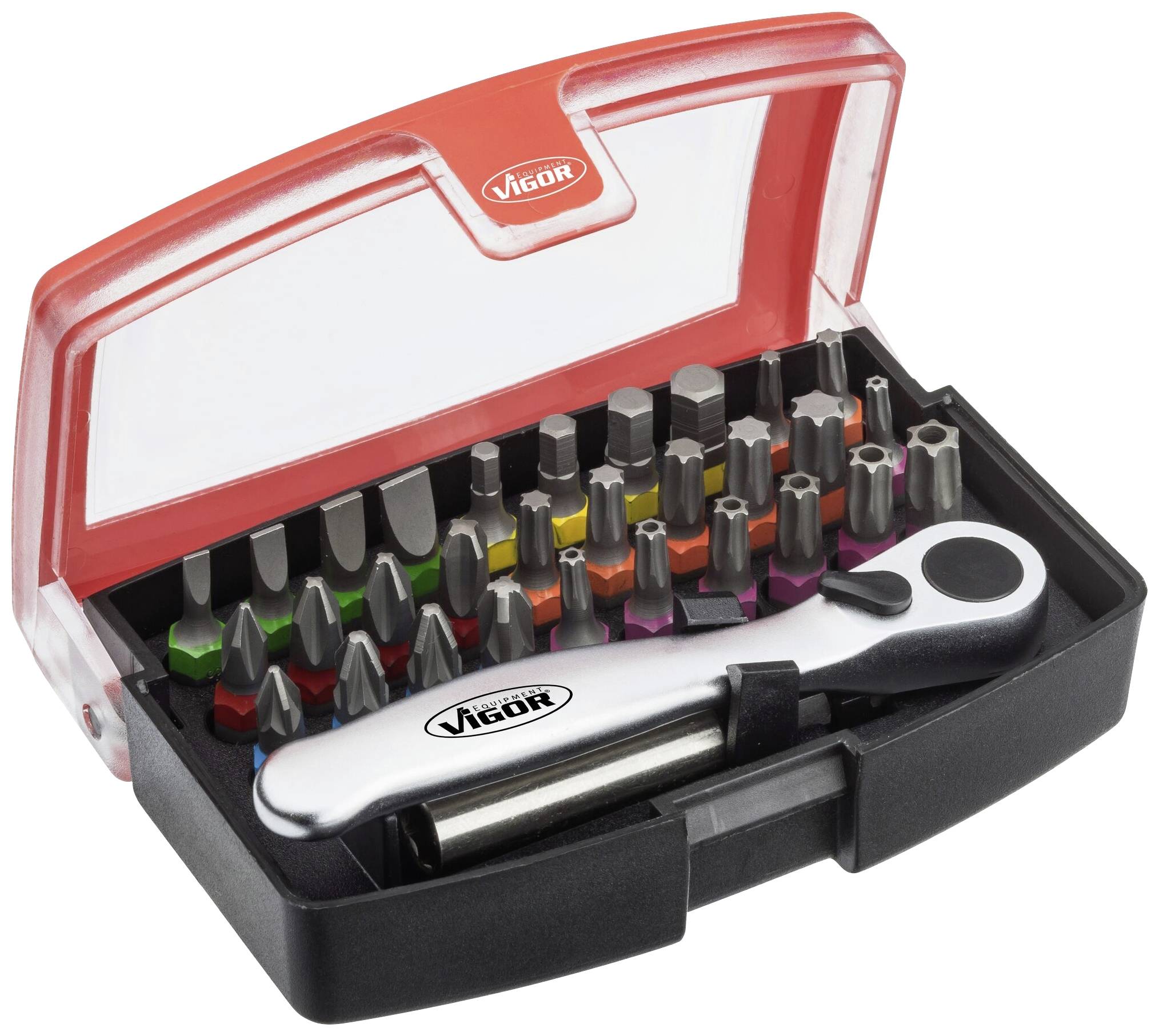 Un set di utensili con vari inserti per cacciavite codificati a colori e un cacciavite a cricchetto in un astuccio trasparente.
