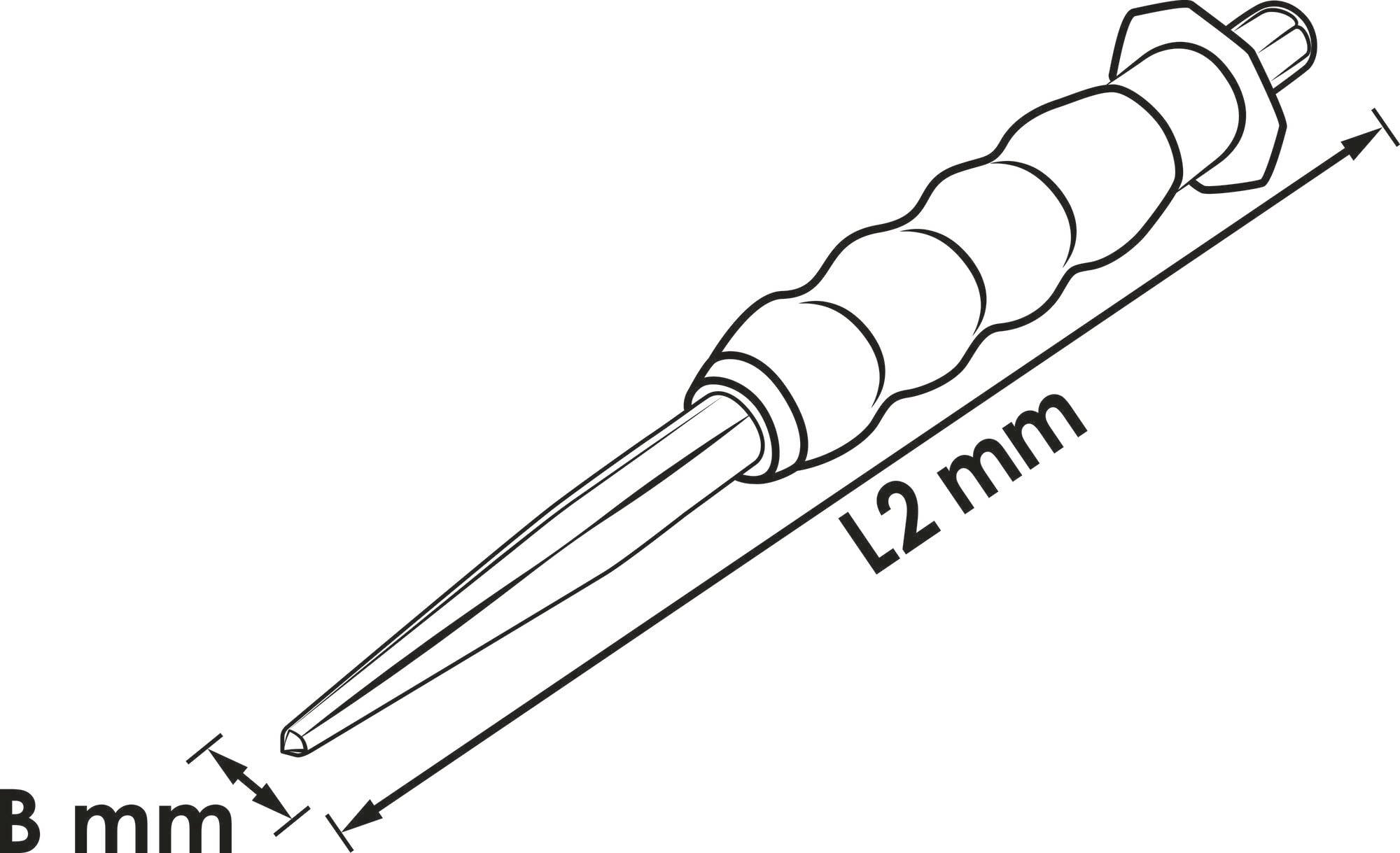Diagramma di un utensile con impugnatura zigrinata e punta appuntita. Etichettato con 'L2 mm' lungo la lunghezza e 'B mm' alla base.