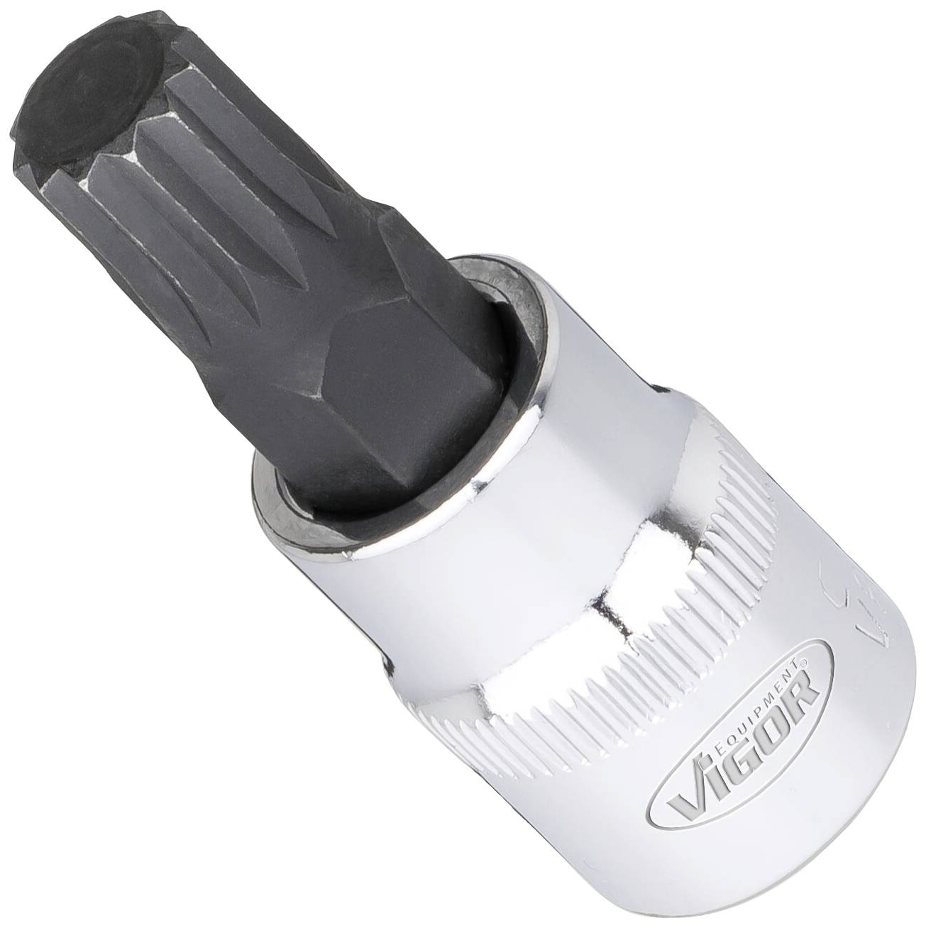 Un cacciavite con inserto Torx con involucro metallico argentato e testa a stella nera. Marcatura: 'Vigor' sul lato.