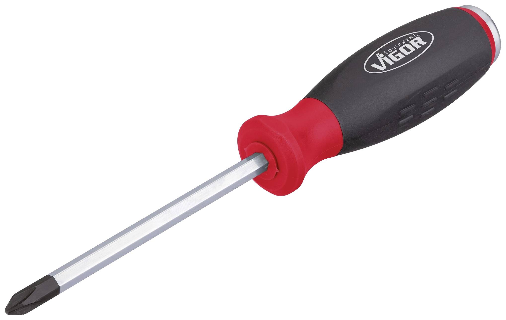 Cacciavite a croce con manico nero e accento rosso, marca 'Vigor', su sfondo bianco.