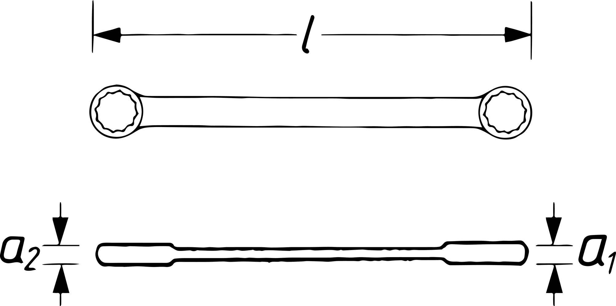 Due disegni tecnici di una chiave inglese: in alto vista dall'alto con lunghezza 'l', in basso vista laterale con dimensioni 'a1' e 'a2'.