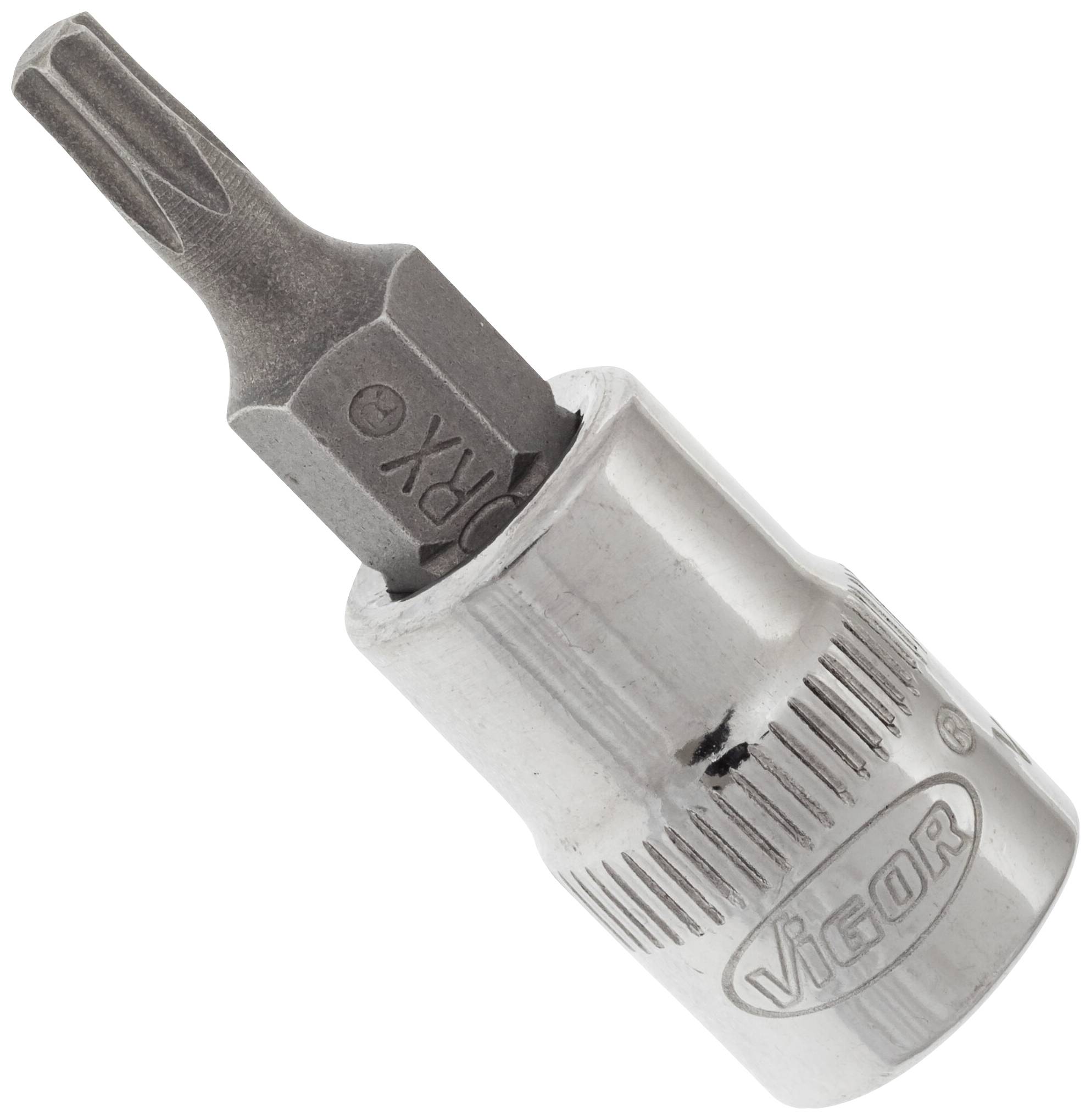 Inserto per cacciavite con testa Torx e impugnatura cilindrica argentata con la scritta 'VIGOR'.