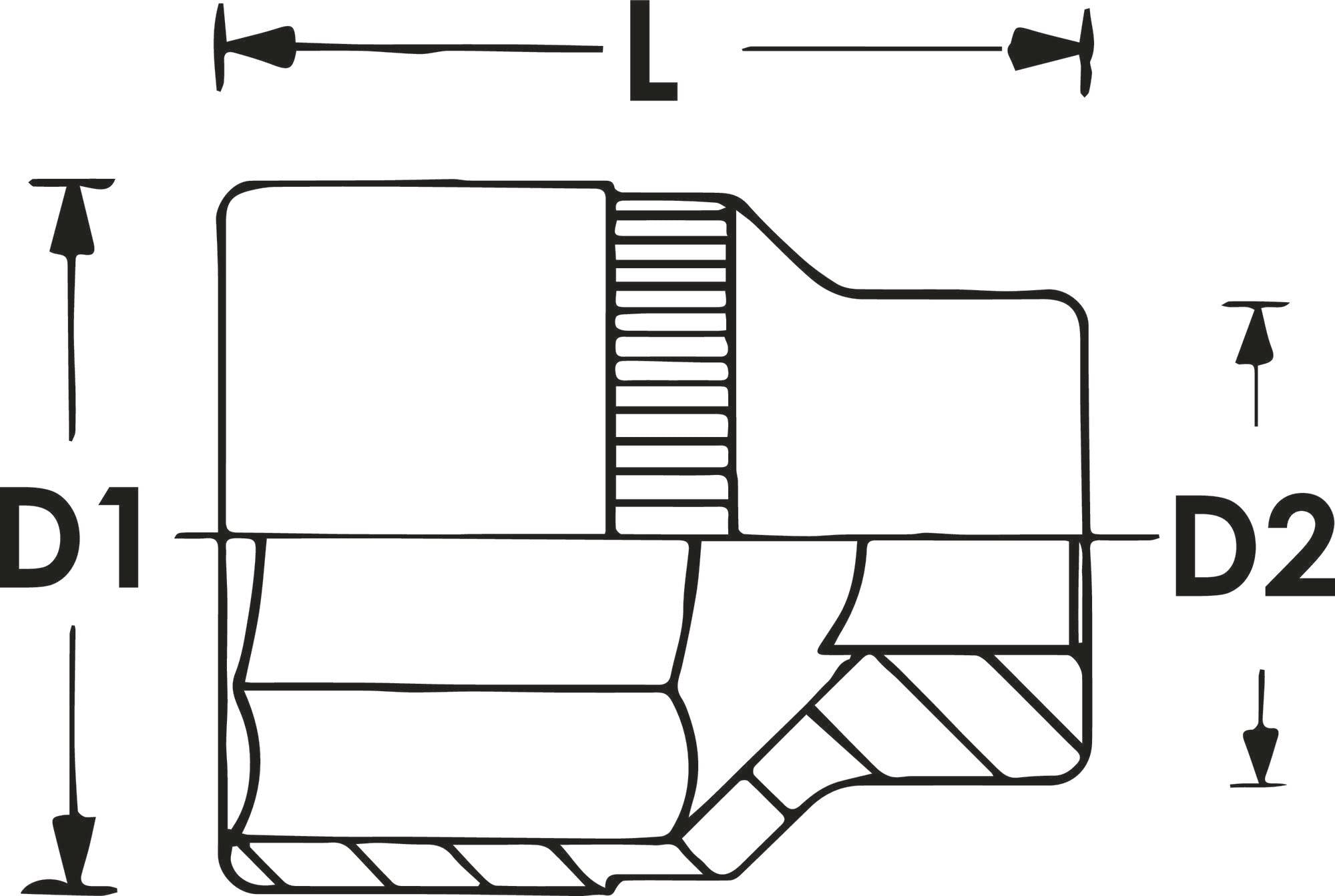 Disegno tecnico di un componente cilindrico con filettatura esterna e quote dimensionali: diametri (D1, D2) e lunghezza (L) sono contrassegnati.