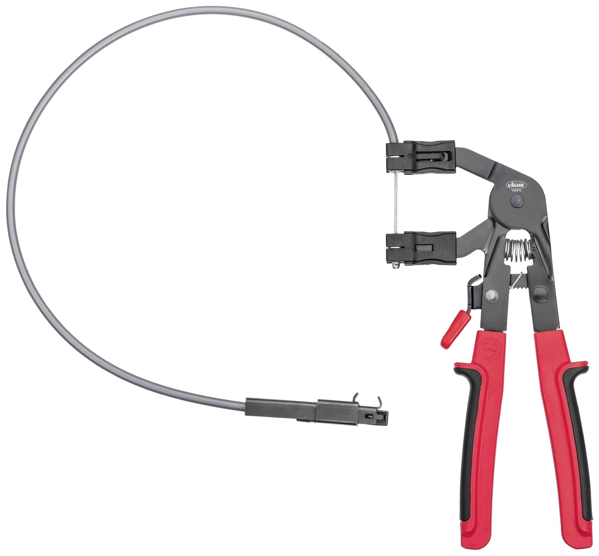Pinza a mano con impugnatura rossa e cavo flessibile, utilizzata per stringere fascette stringitubo in spazi ristretti.