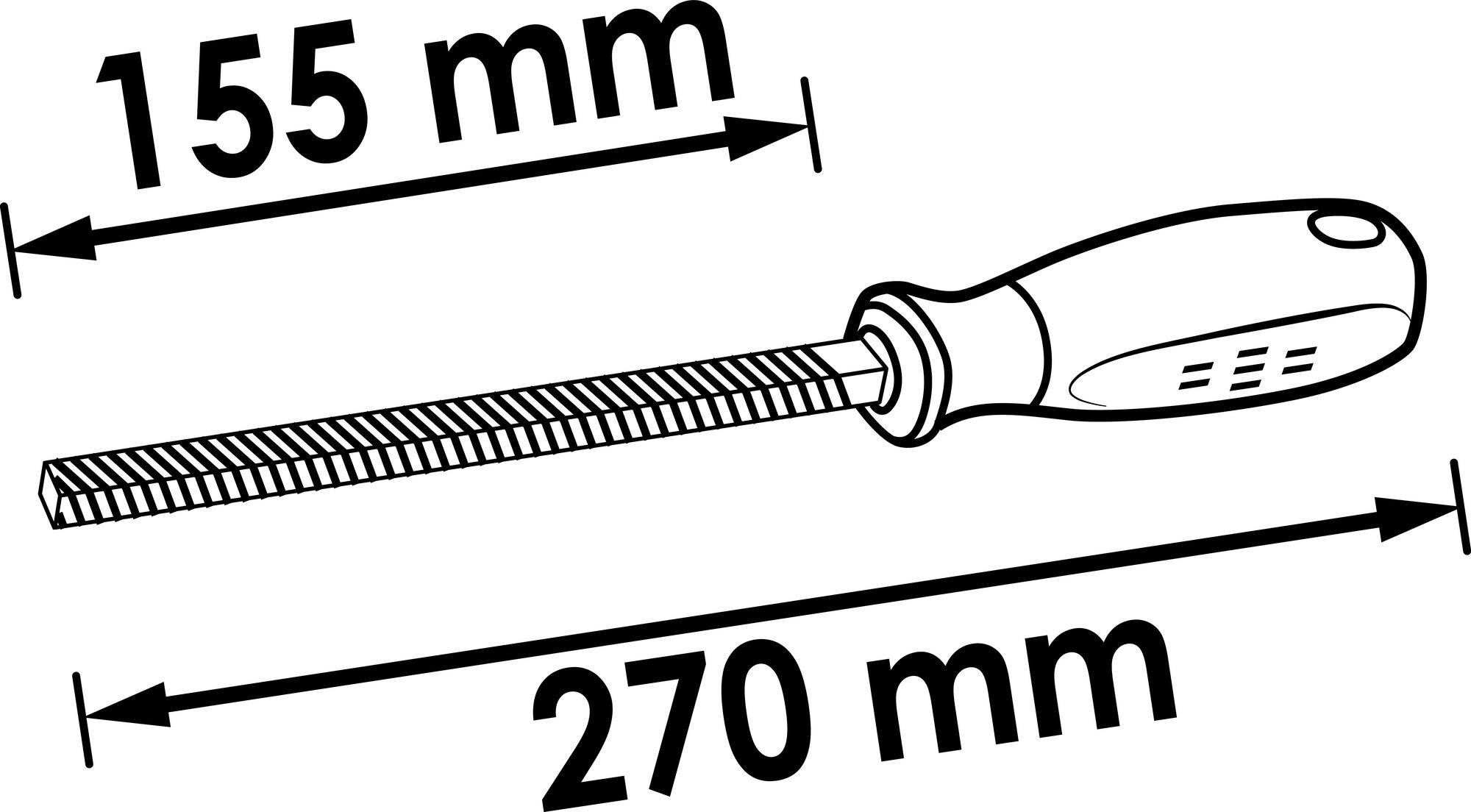 Disegno di una lima cilindrica con manico in legno. Lunghezza totale 270 mm, lunghezza della lima 155 mm.