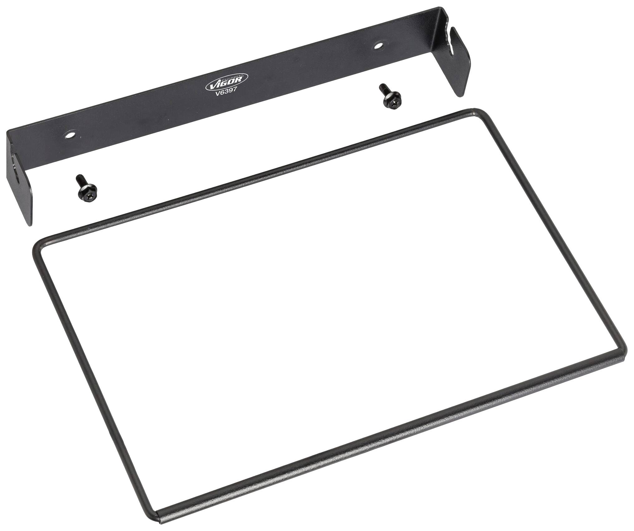 Supporto a parete con due viti, colore nero, design rettangolare. Adatto al fissaggio di dispositivi o cartelli.