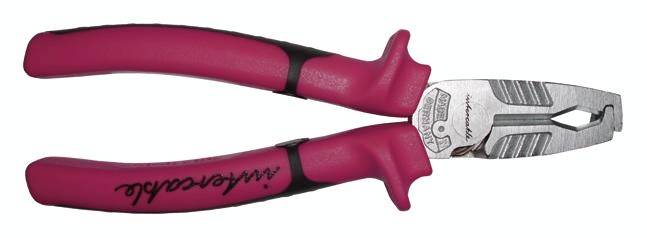 Pinza Rosa Kombizange con accenti neri sulle impugnature, adatta per diversi lavori su fili e cavi nell'impiantistica elettrica.