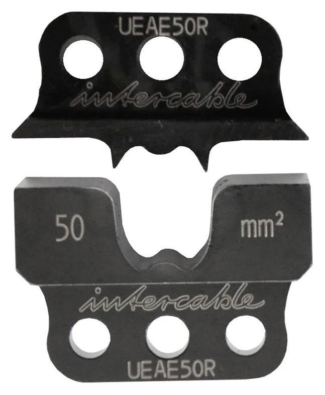 Coppia di lame da taglio con iscrizione 'UEAE50R intercable 50 mm²', idonee per tronchesi, parti metalliche nere con fori.