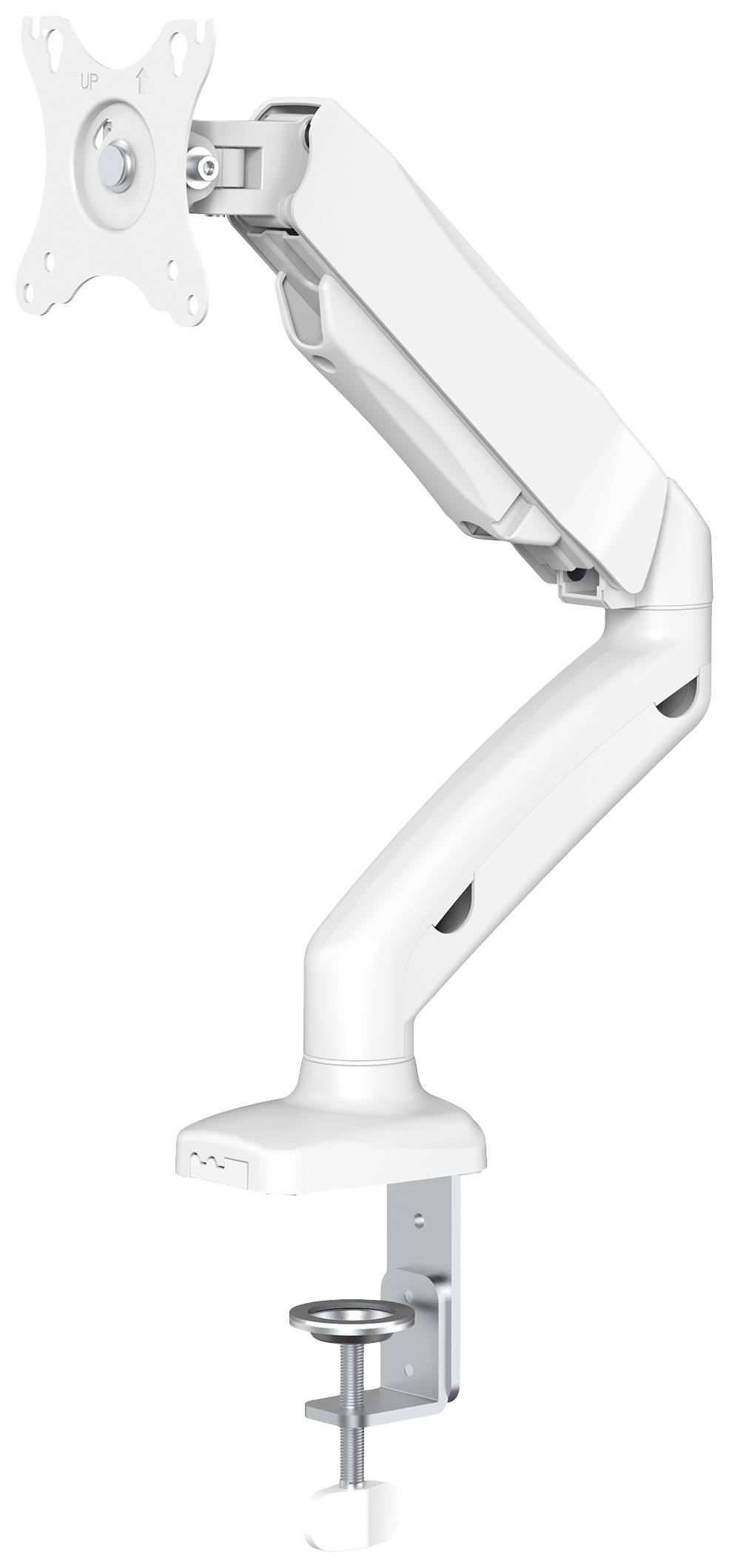 Braccio per monitor bianco, regolabile, con fissaggio a tavolo, idoneo per schermi compatibili VESA, per una posizione flessibile ed ergonomica.