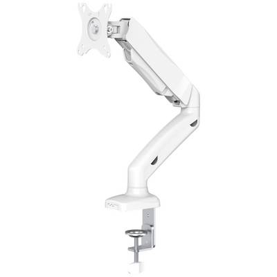 Braccio per monitor bianco, regolabile, con fissaggio a tavolo, idoneo per schermi compatibili VESA, per una posizione flessibile ed ergonomica.
