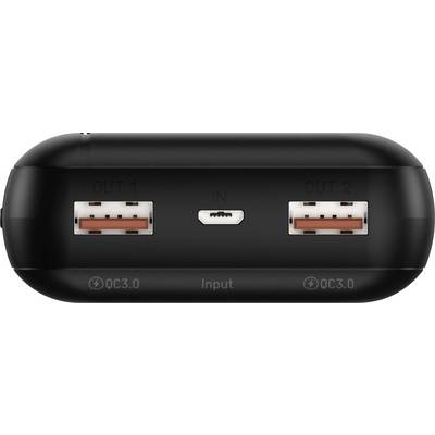 Un dispositivo elettronico nero con due uscite USB e un ingresso Mini-USB, contrassegnato con 'QC3.0' e 'Input'.