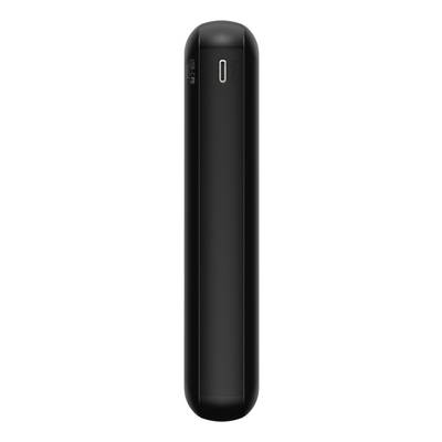 Un caricabatterie portatile nero, cilindrico, con una porta USB-C sulla parte superiore, in posizione verticale, dal design essenziale.