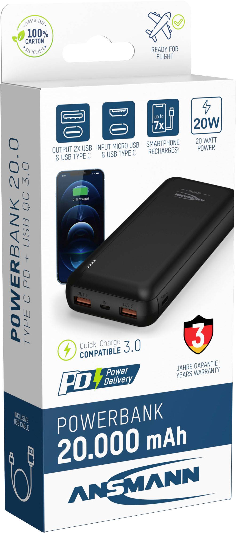Powerbank con capacità di 20.000 mAh, tipo C PD e USB 3.0. Supporta Quick Charge 3.0. Inclusi 3 anni di garanzia.
