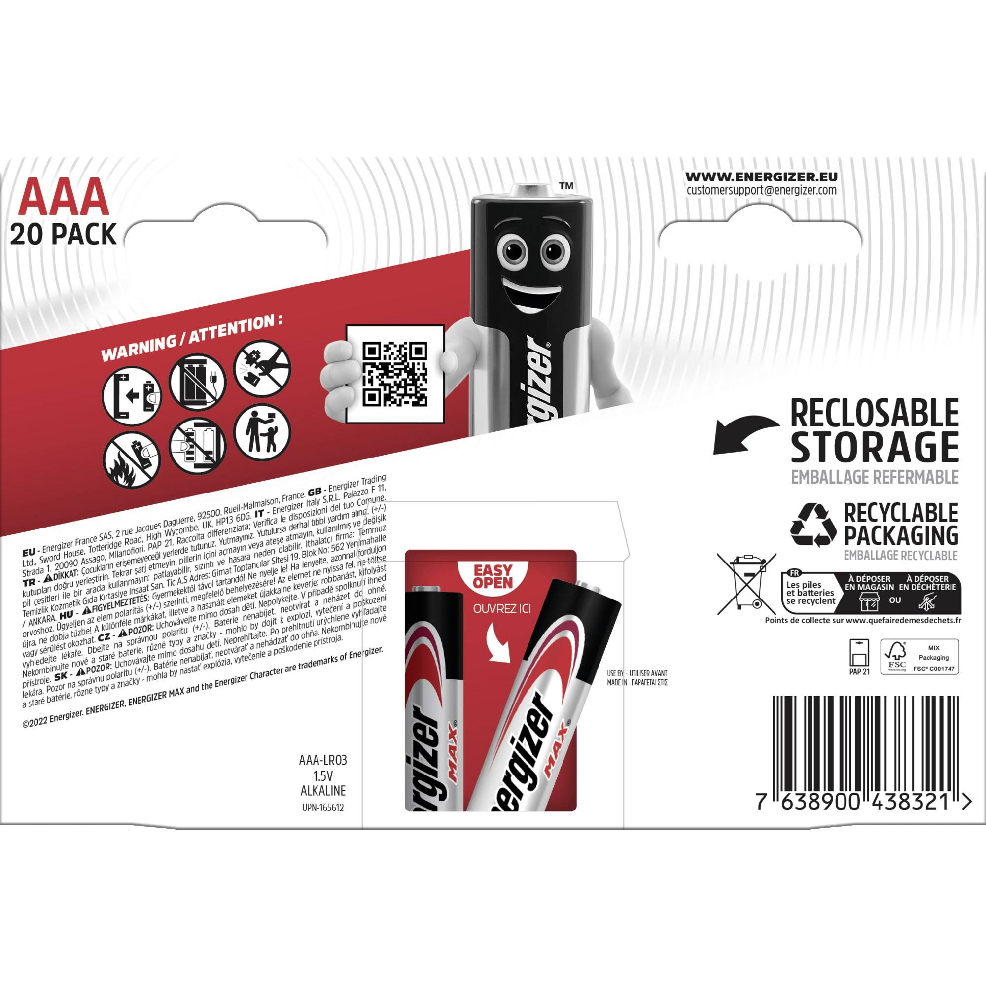 Confezione da 20 batterie AAA Energizer. Avvertenze e informazioni sul riciclaggio sono visibili sul retro.