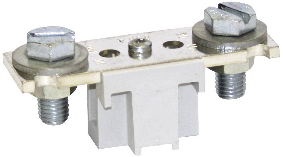 Fusibile elettrico con due grandi dadi metallici e viti su un supporto isolante. Utilizzato per limitare la corrente elettrica.