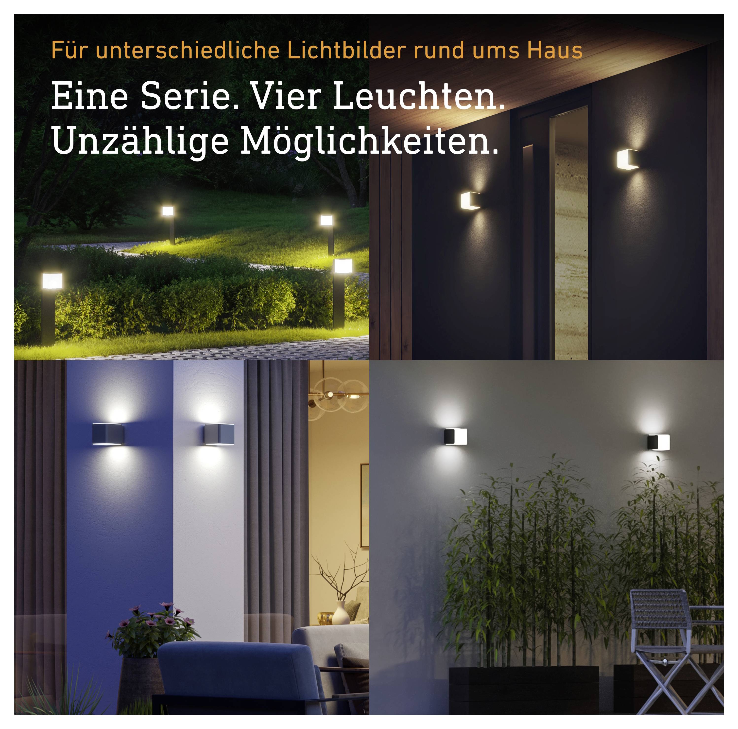 Immagine pubblicitaria con illuminazione per la casa: Quattro moderni apparecchi di illuminazione per diverse atmosfere luminose intorno alla casa, all'interno e all'esterno, con il testo "Una serie. Quattro lampade. Infinite possibilità."