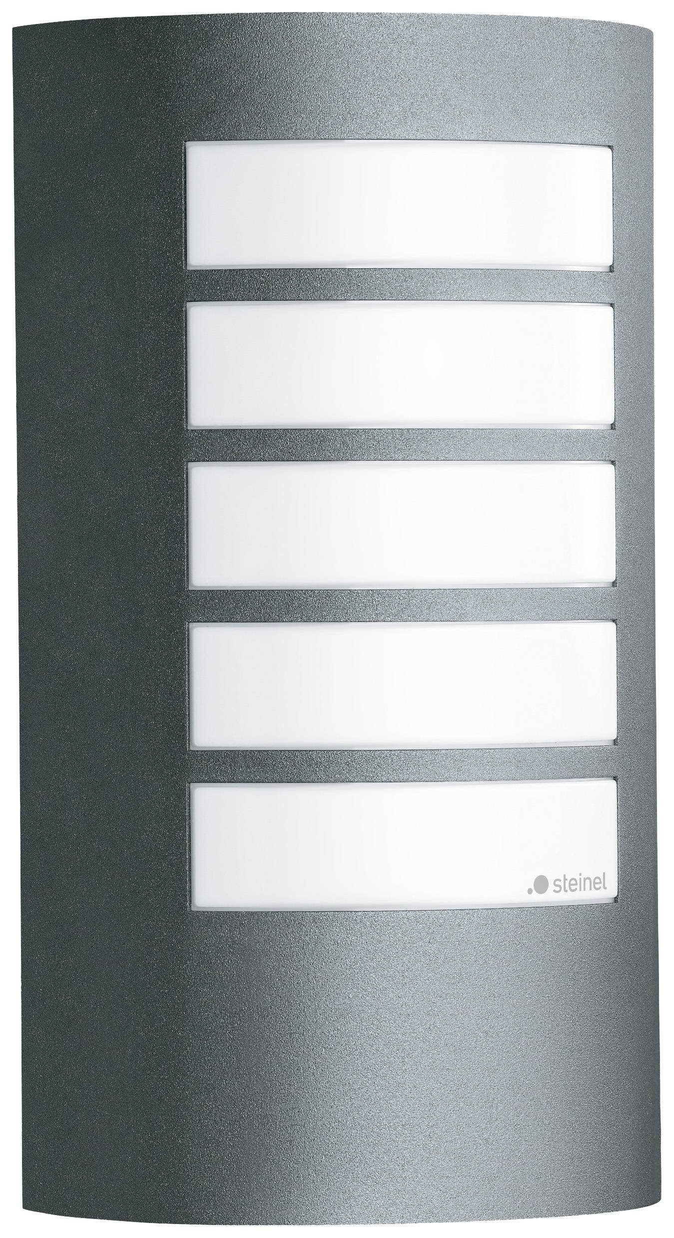 Lampada da esterno moderna con cinque strisce luminose orizzontali, involucro grigio.