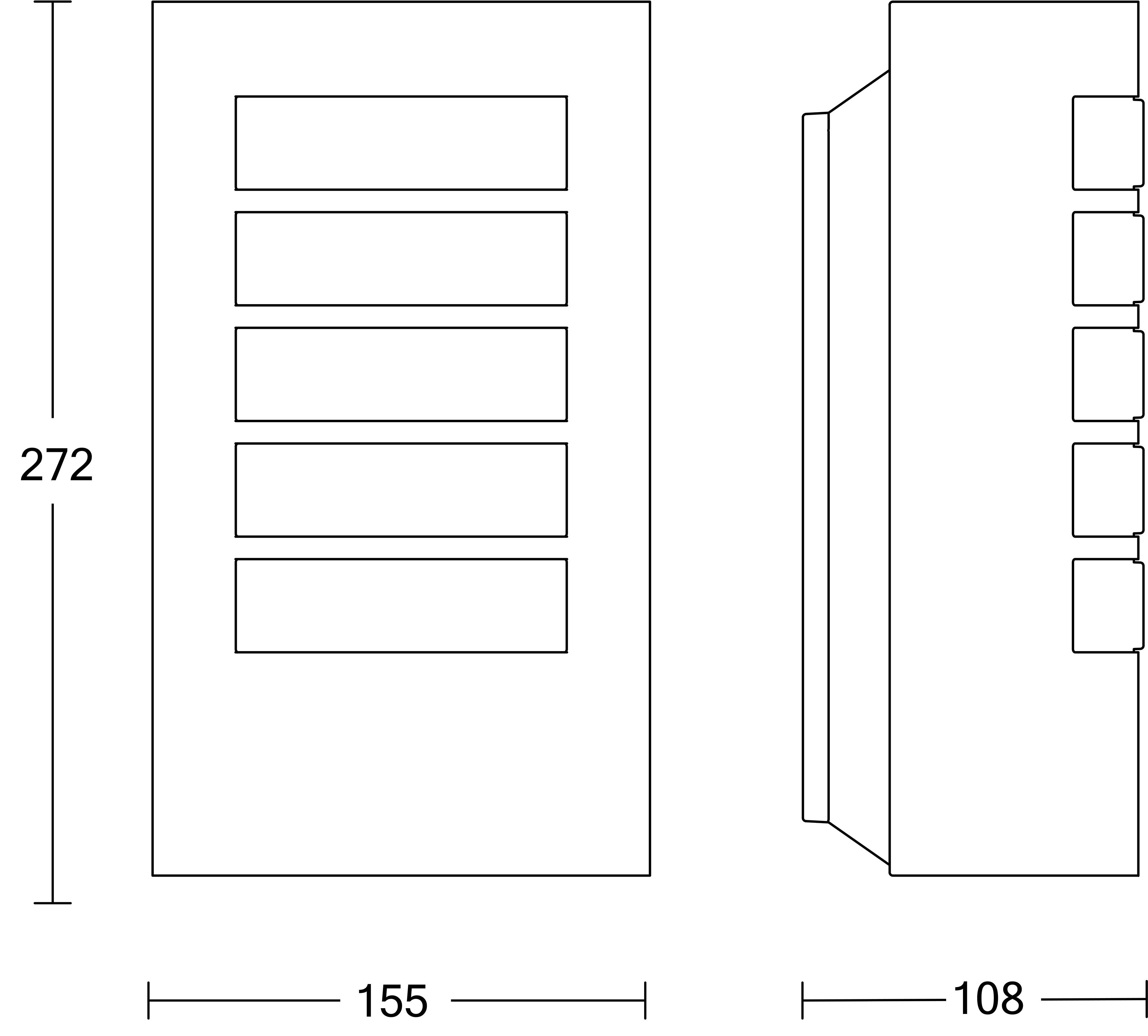 Disegno tecnico di un dispositivo rettangolare con cinque pulsanti frontali, mostrato nelle viste frontale e laterale, con dimensioni etichettate 272, 155 e 108.