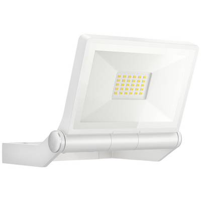 Un proiettore LED bianco dal design rettangolare con supporto orientabile, adatto per l'illuminazione esterna di aree.