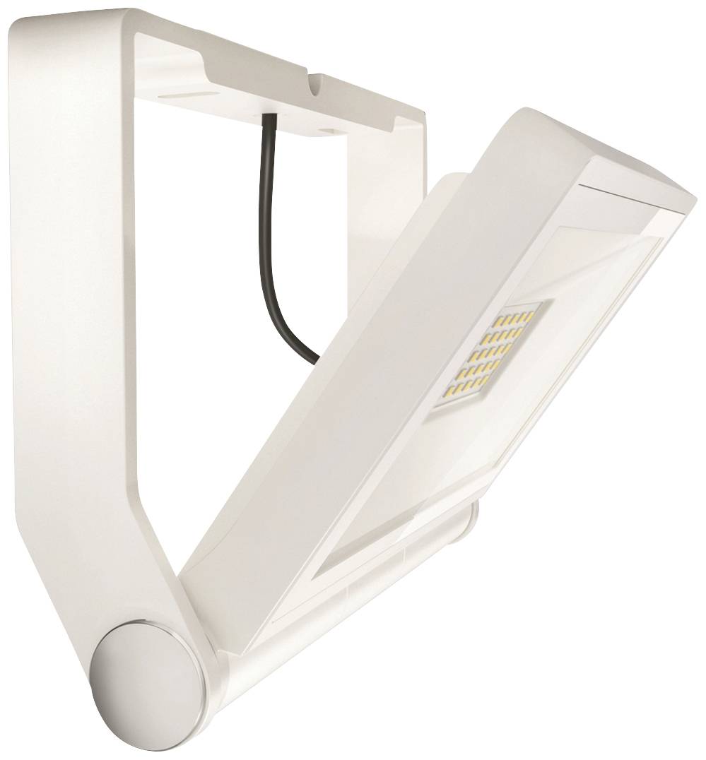 Proiettore LED dal design moderno, orientabile, in colore bianco. Adatto per uso esterno e per l'illuminazione di grandi aree.