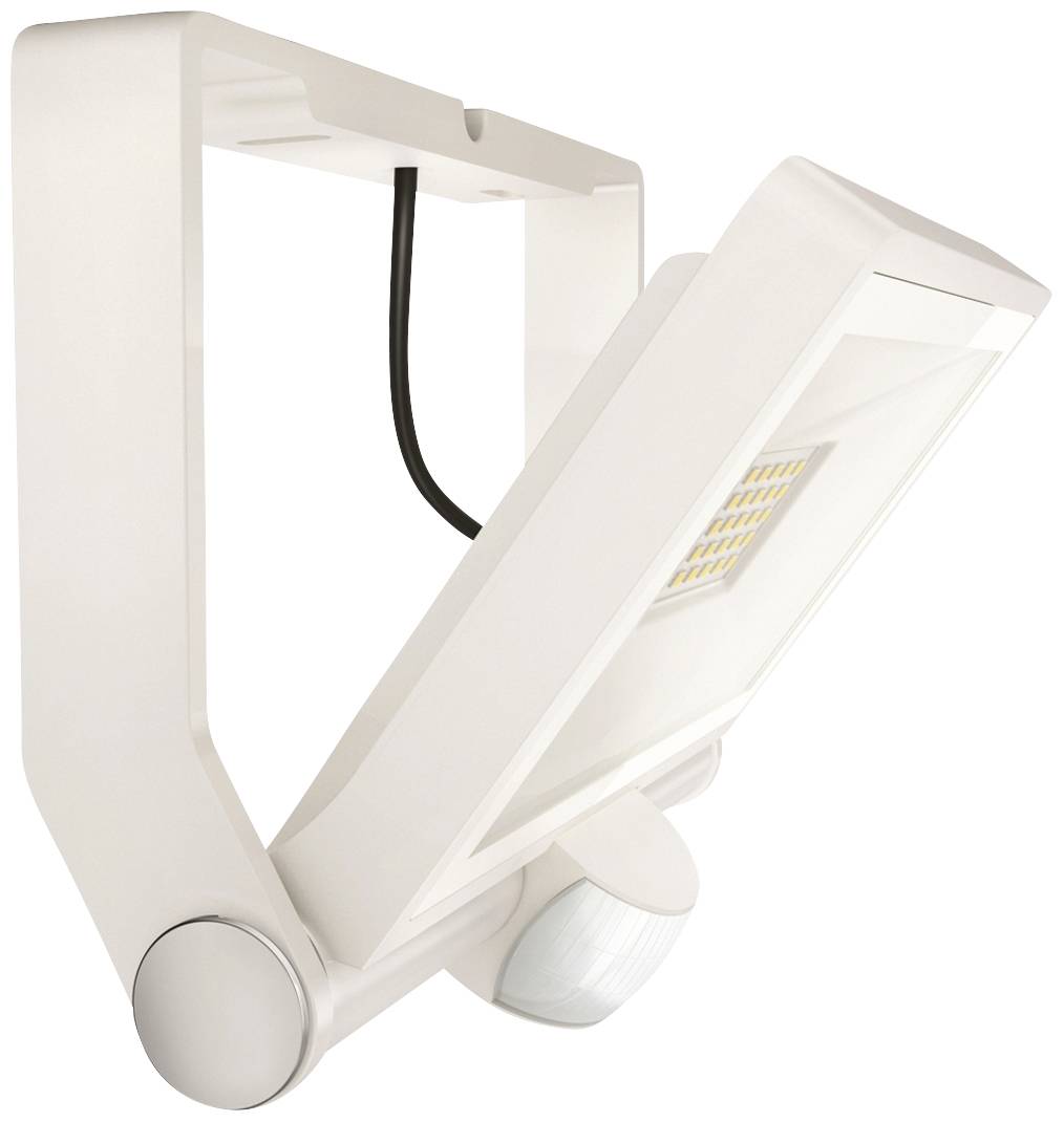 Un proiettore LED bianco con sensore di movimento, montato su un braccio girevole, adatto per l'illuminazione esterna.