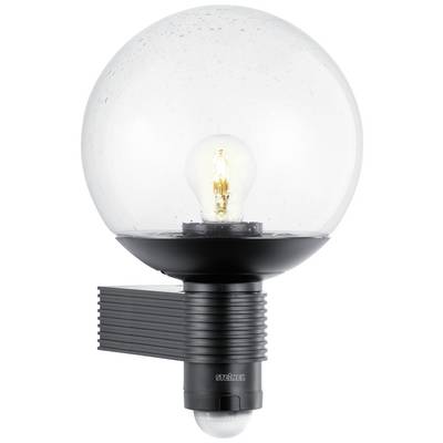 Lampada da parete sferica con base nera e sfera di vetro trasparente, che mostra una lampadina accesa.