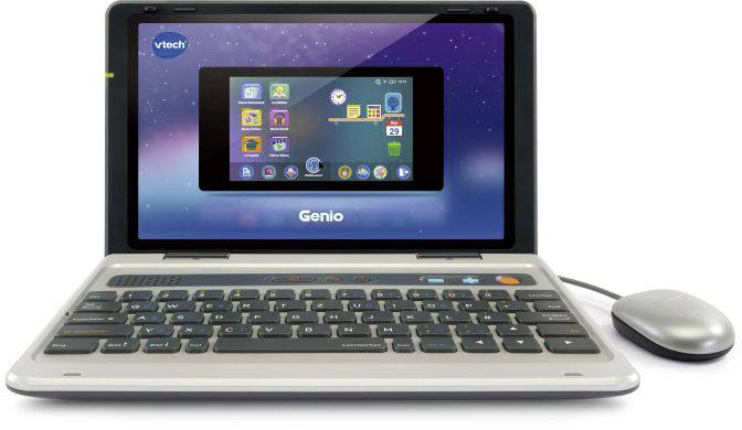 Un laptop educativo per bambini con uno schermo che mostra app, collegato a un mouse cablato. Ideale per l'apprendimento precoce.
