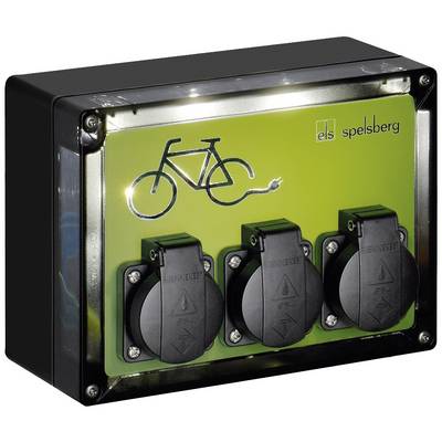 Stazione di ricarica per e-bike con tre prese elettriche; involucro nero, con simbolo di bicicletta in alto per l'identificazione.