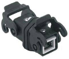 Adattatore nero in plastica con apertura rettangolare, presumibilmente per connessione di cavi di rete, con due clip laterali per l'aggancio.