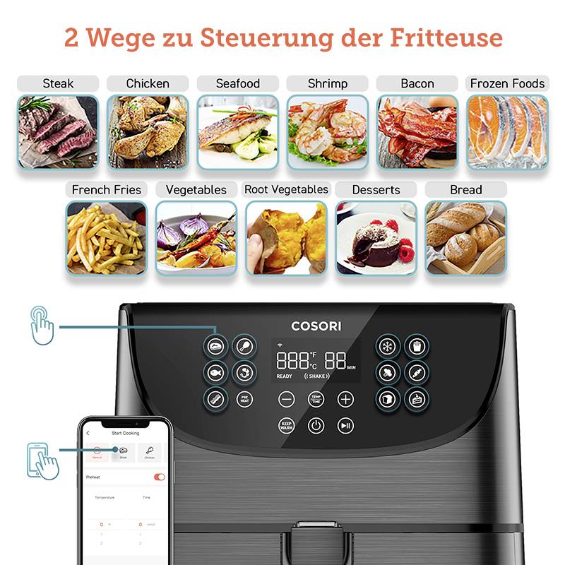 'Controllo semplice della friggitrice tramite touchscreen e app; dieci impostazioni per diversi cibi come carne, verdure e pasticceria.'