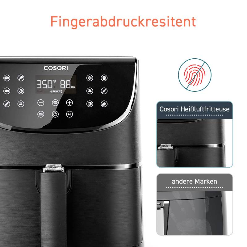 Friggitrice ad aria calda nera con display digitale, 'Resistente alle impronte digitali'. Immagini comparative con altri marchi senza etichettatura.