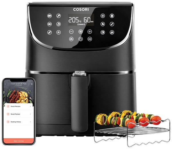 Cosori CS158-AF-RXB Friggitrice ad aria calda 5.5 l 1700 W controllo via App, Rivestimento antiaderente, con display , Senza BPA, Protezione da surriscaldamento, Funzione timer Nero