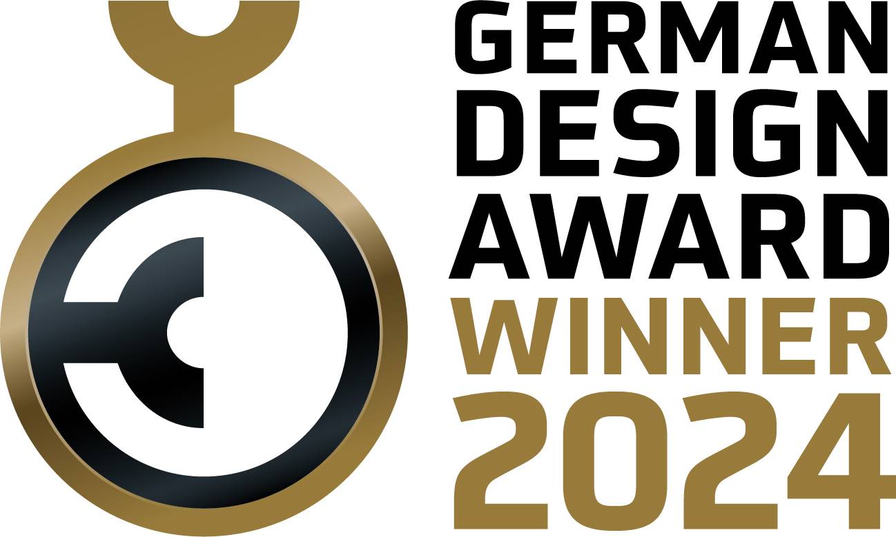 L'immagine mostra il logo del German Design Award con la scritta 'Winner 2024'. Simboleggia un riconoscimento per un design eccezionale.