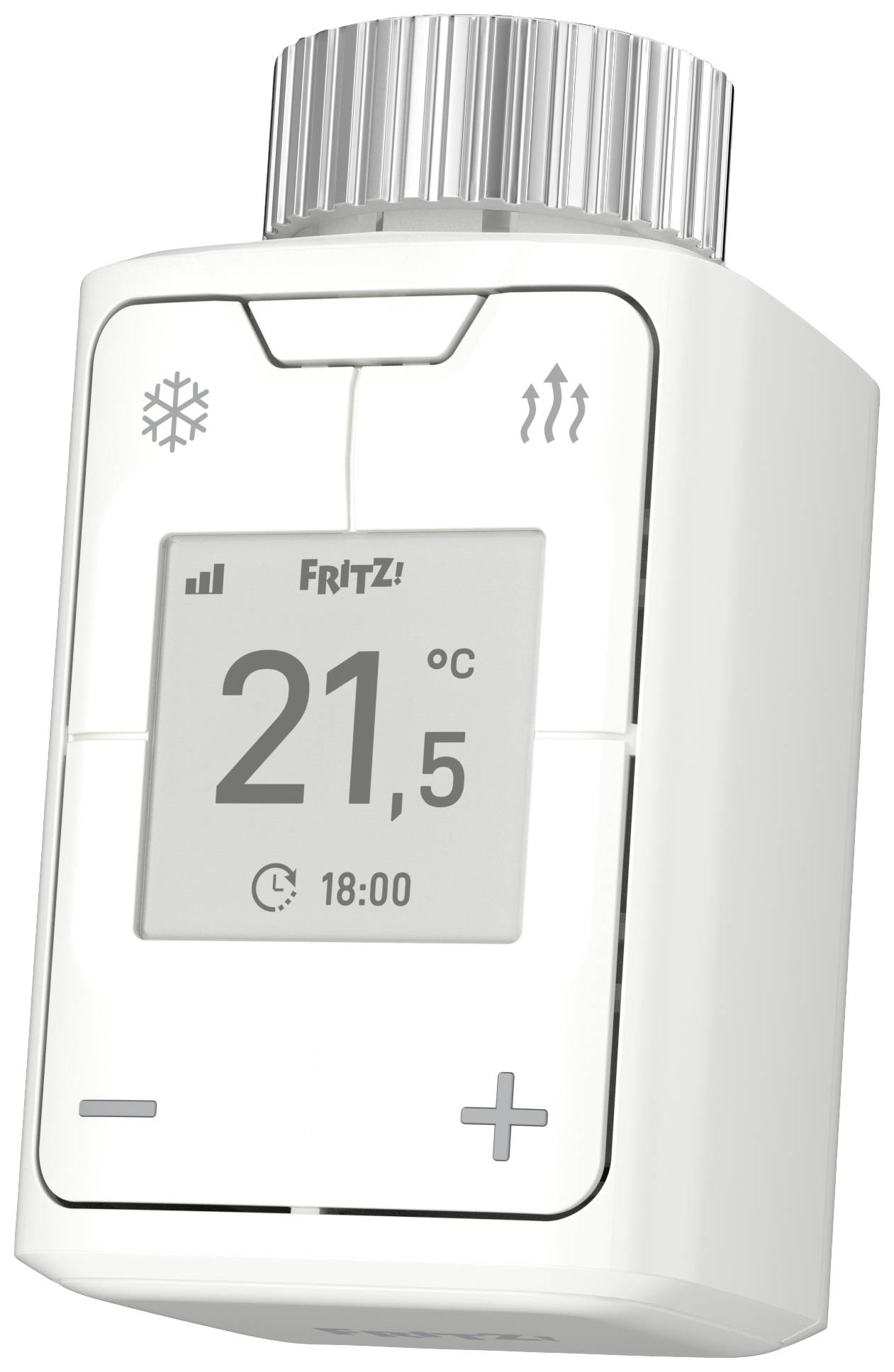 Termostato intelligente per radiatore con display che mostra '21,5°C', simbolo Timer e segnale WLAN. Comandi del dispositivo per la regolazione della temperatura.