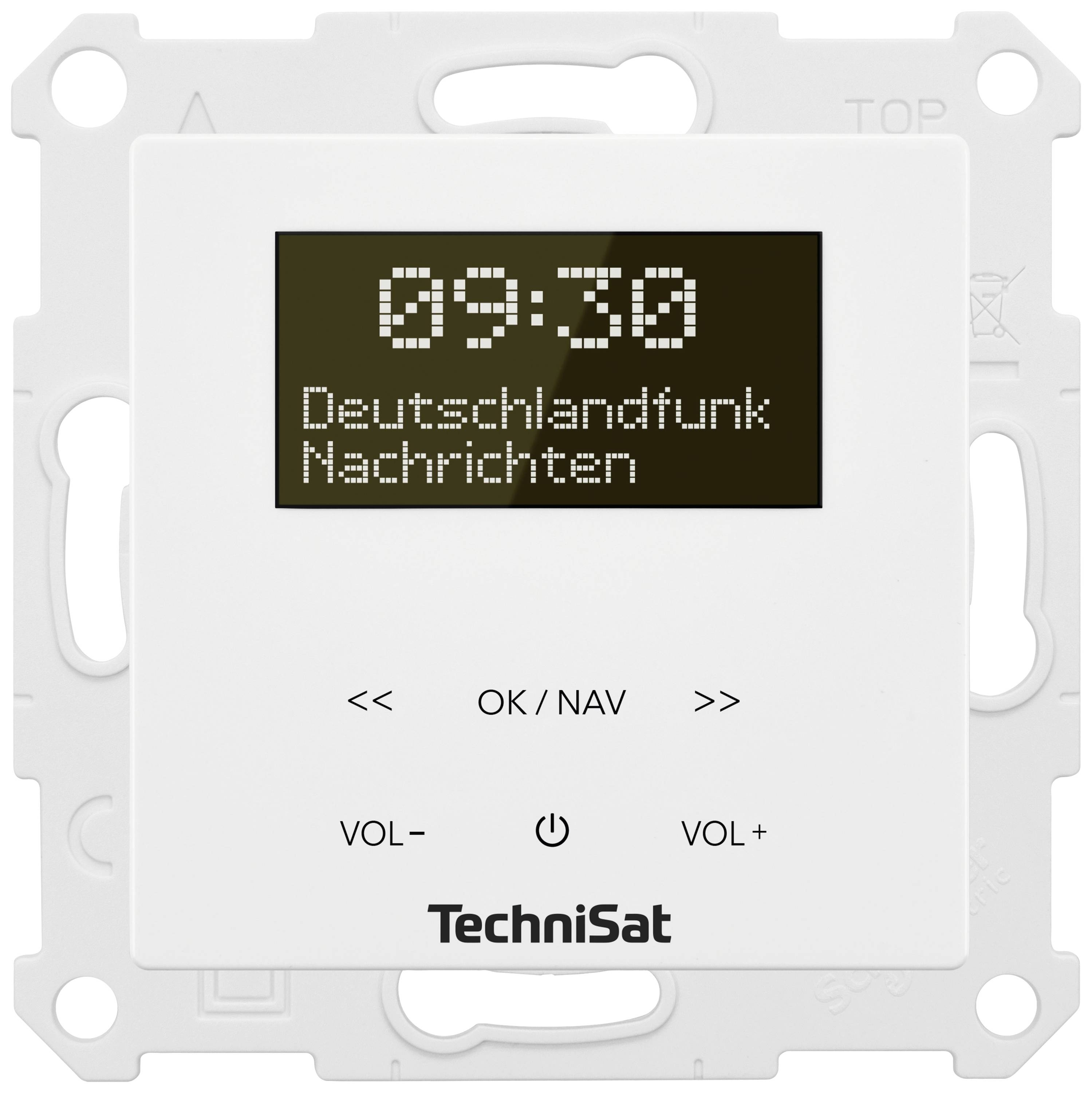 Un interruttore radio digitale da parete con display mostra '09:30 Notizie di Deutschlandfunk'. Sono visibili tasti per la navigazione e il volume.
