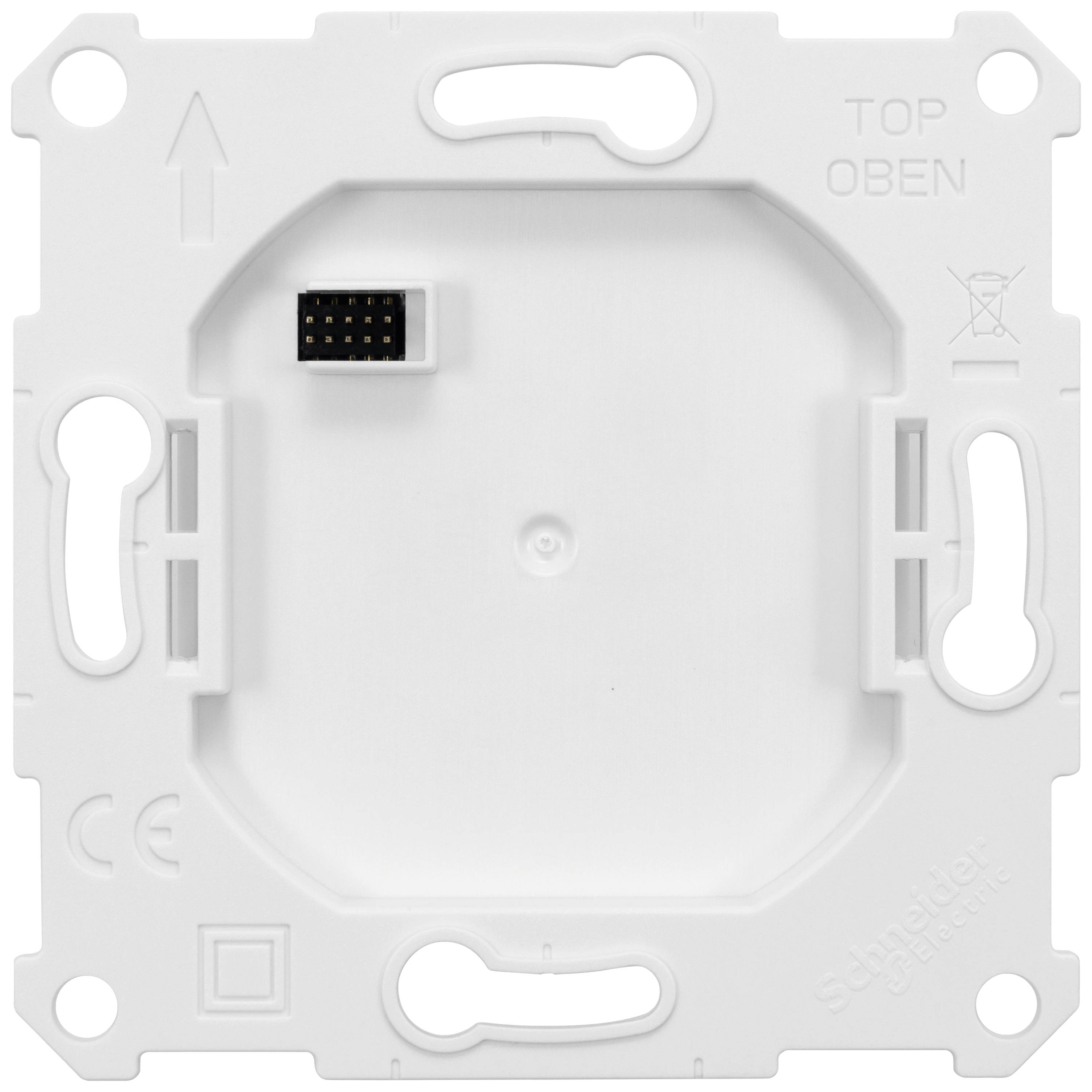 Scatola elettrica da incasso bianca con diversi fori di fissaggio e punti di connessione per accessori elettrici, contrassegnata con 'Top' e 'Open'.