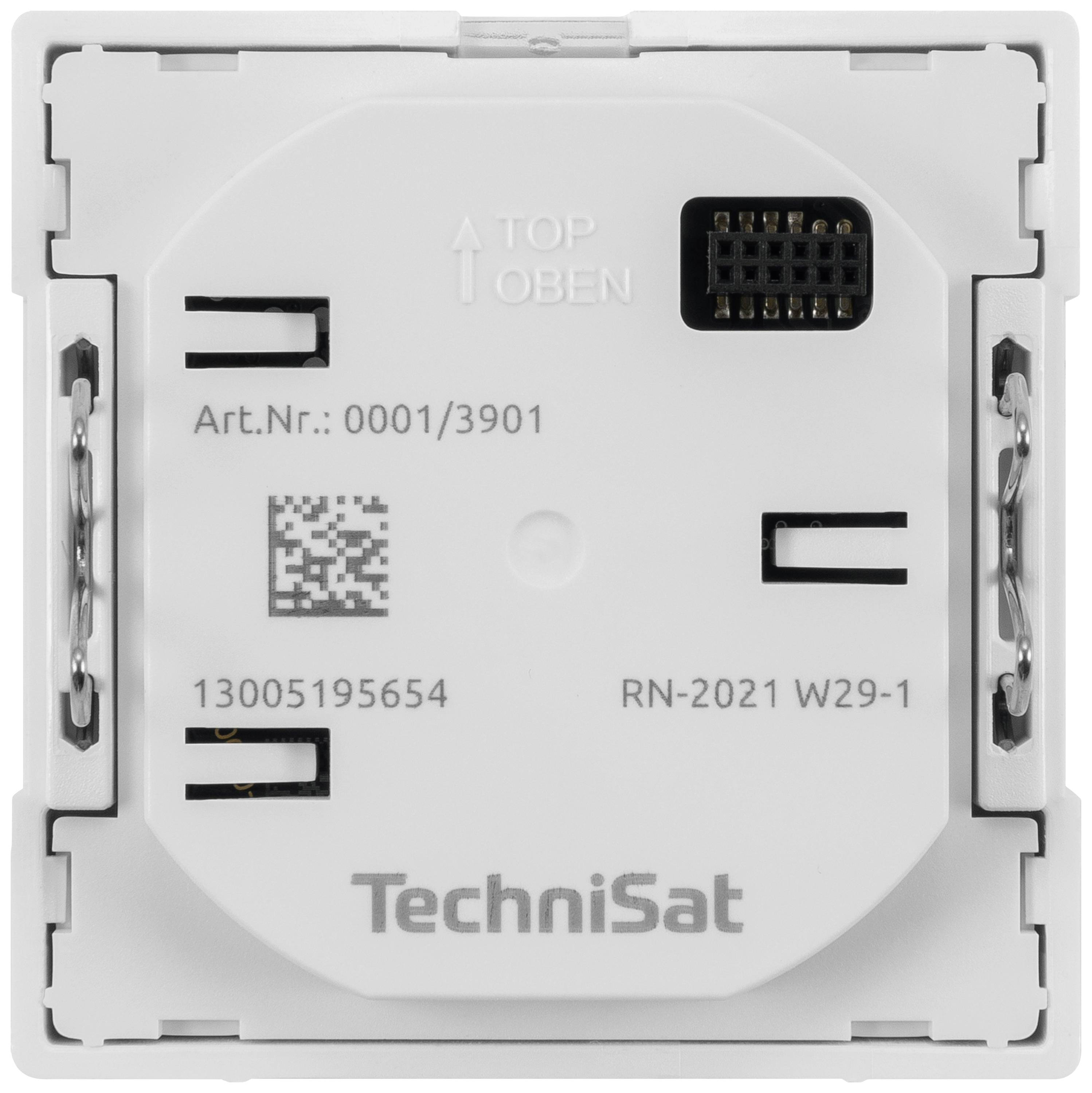Un dispositivo quadrato di TechniSat con connettori e un codice QR. Le etichette mostrano 'TOP' e 'Art.Nr.: 0001/3901'.