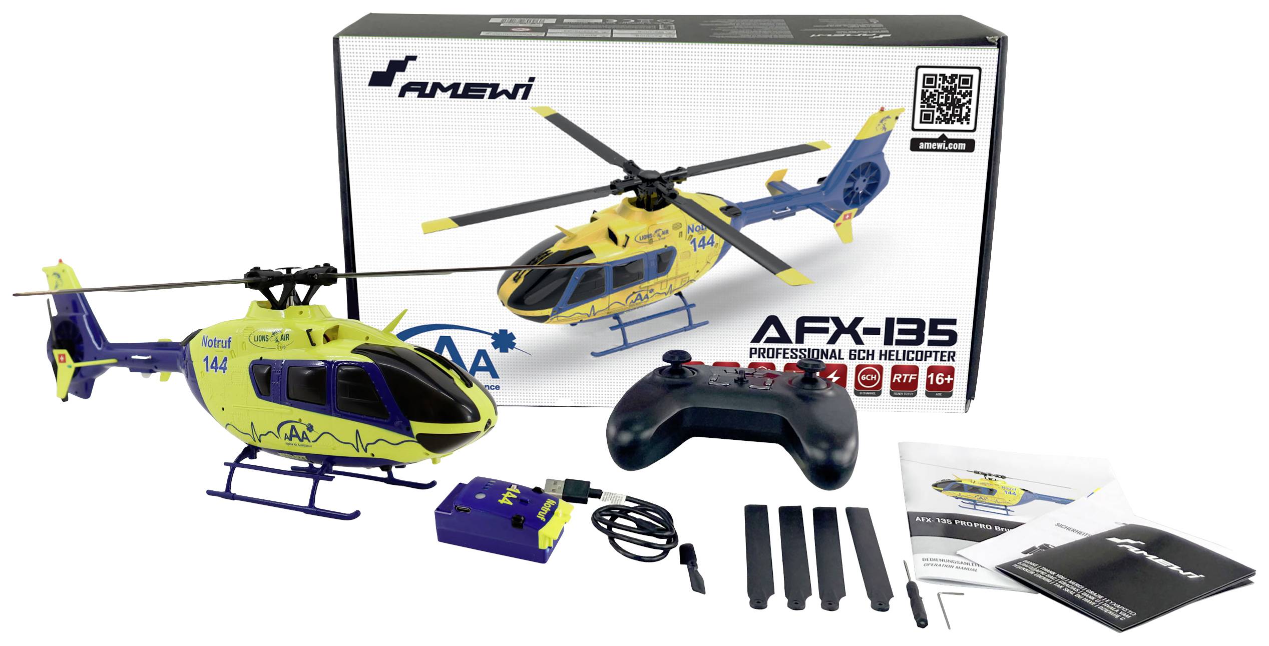 Elicottero radiocomandato modello 'AFX-135' di Amewi, giallo-blu con set di accessori: telecomando, ricambi e istruzioni. Confezione sullo sfondo.