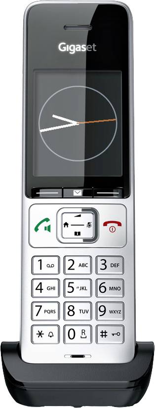 Telefono cordless con display, che mostra un orologio. Tastiera sottostante, con tasti per le chiamate e tasti di navigazione.
