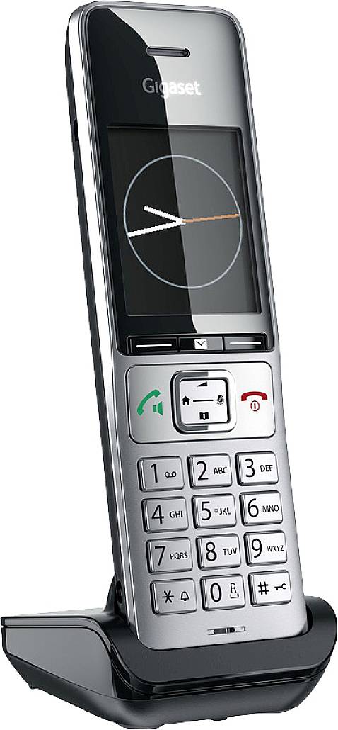 Telefono cordless da postazione fissa con tastiera e display, che mostra l'ora.