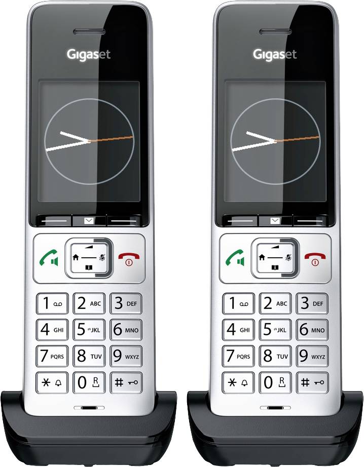 Due telefoni cordless DECT di Gigaset con design nero e argento. Hanno tasti grandi e un display con indicazione dell'ora.